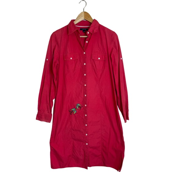 Lands' End Dresses & Skirts - Lands End Red Midi Shirt Dress Women’s Size 10 Embroidered Birds Casual